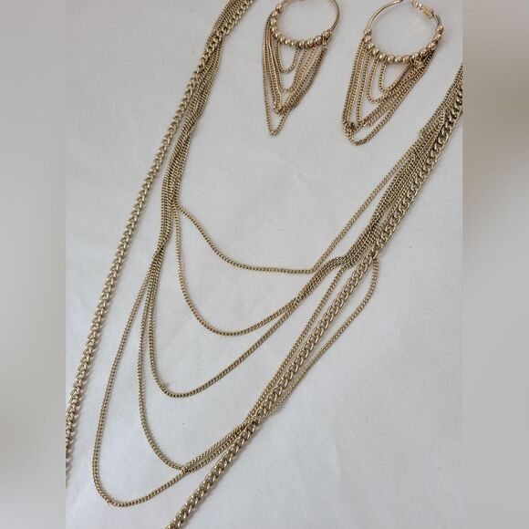 Necklace And Earring Set Gold Chain Dangle Chandelier Glam Elegant Minimalist - Picture 5 of 5